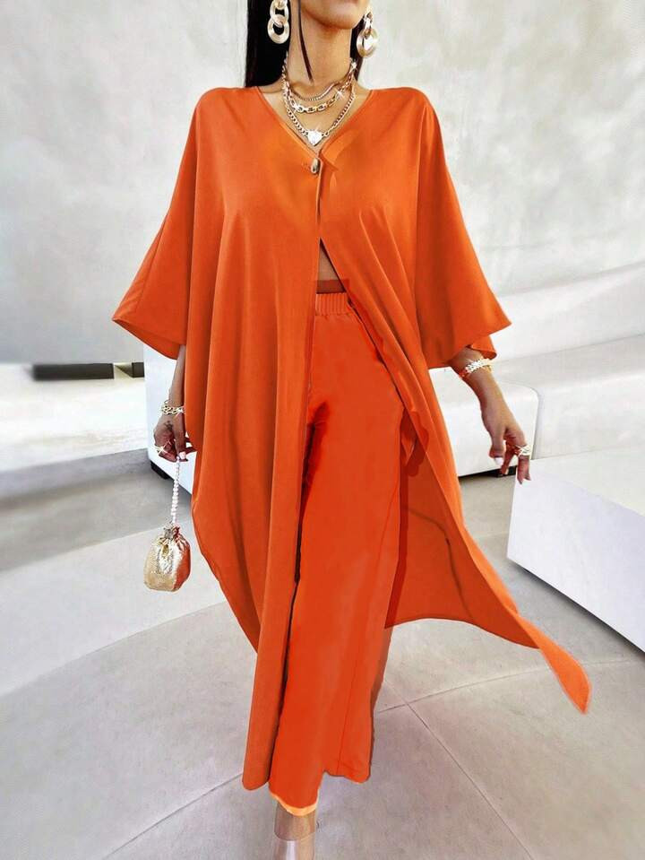 SHEIN Slayr Slayr Women's Plus Size Solid Color Cardigan And Loose Pants Two Piece Set For Vacati... | SHEIN