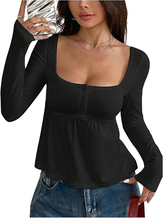 SOLY HUX Babydoll Tops Henley Shirts Peplum Top | Amazon (US)
