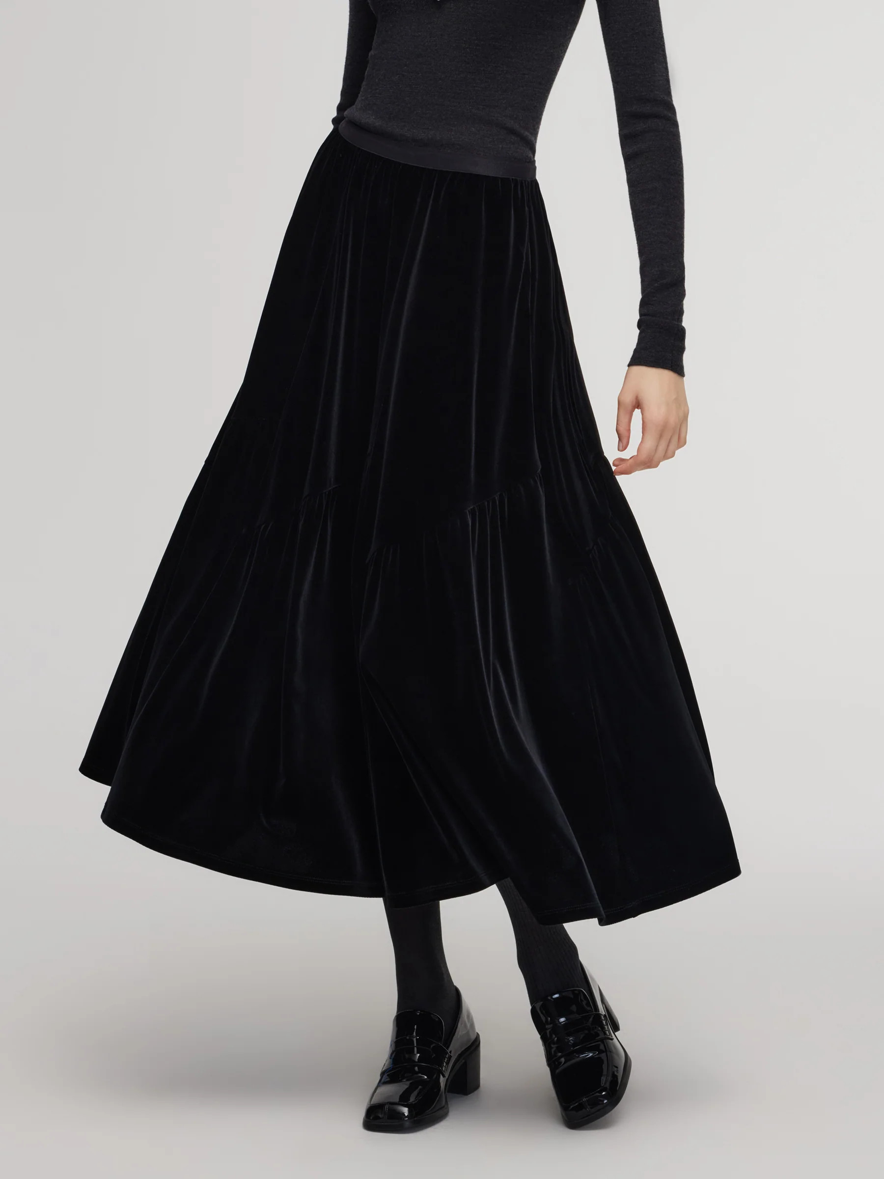 Pre-Order Black Velvet A-Line Elastic Waist Women Skirt | GOELIA