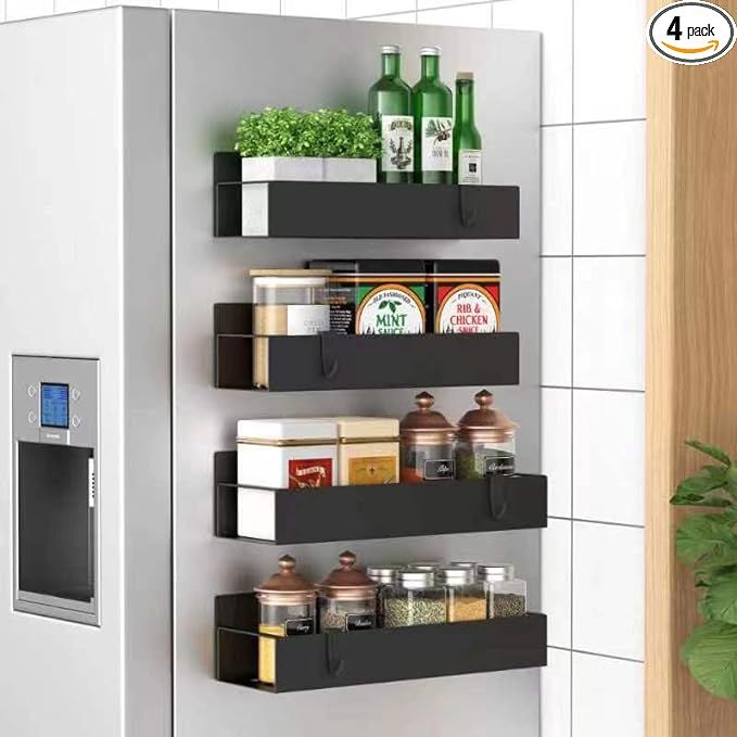 HuggieGems 4 Pack Magnetic Spice Storage Rack Organizer for Refrigerator and Oven, Black Fridge O... | Amazon (US)