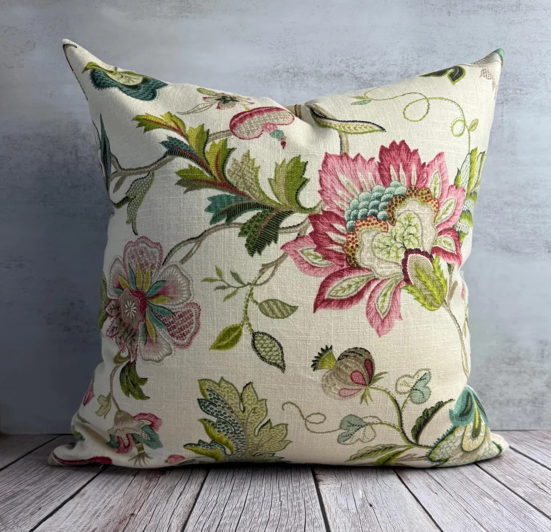 P. Kaufmann Brissac Jewel in Pink Decorative Pillow Cover, Teal Rose Floral Print Linen Pillow Co... | Etsy (US)