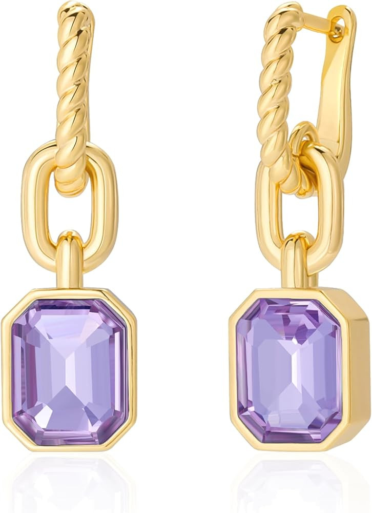 Birthstone Crystal Dangle Drop Earrings, 18K Gold Plated Huggie Hoop Hypoallergenic Earring Jewel... | Amazon (US)