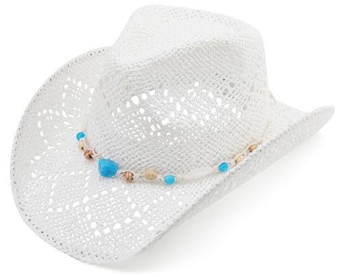 BESOOGII Straw Beach Cowboy Hat for Women Shapeable Brim Western Cowgirl Hat (US, Alpha, One Size, White) | Amazon (US)
