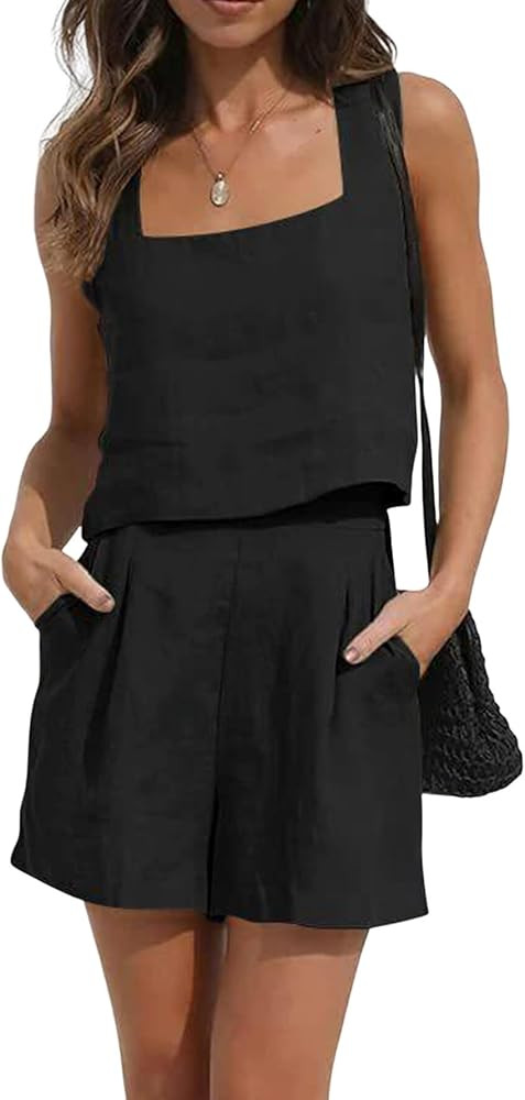 Women Linen Crop Shorts Set,Sleeveless Crop Top Tank and High Waisted Shorts Summer Short Lounge ... | Amazon (US)