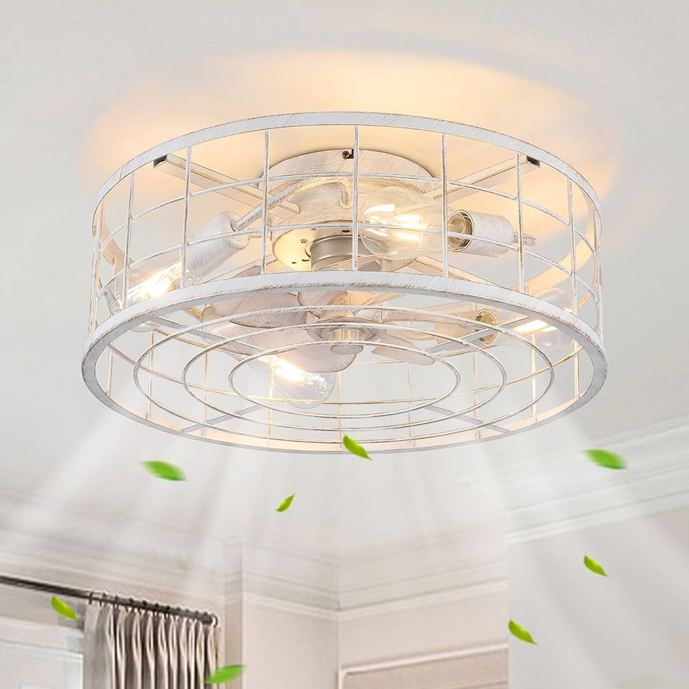 20" Caged Ceiling Fans with Lights Remote Flush Mount Fans Lights, White Low Profile Ceiling Fan ... | Amazon (US)