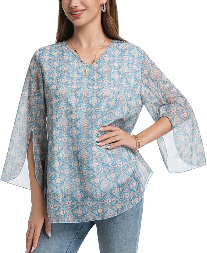 Women 3/4 Bell Sleeve Chiffon Floral V Neck Tunic Tops Double Layered Boho Mesh Loose Fit Dressy ... | Amazon (US)