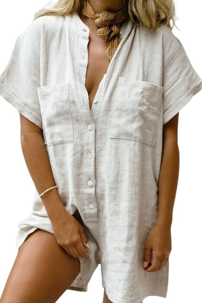 CHARTOU Women Summer Shorts Romper Button Down Wide Leg Cotton Linen Shortalls Jumpsuit | Amazon (US)