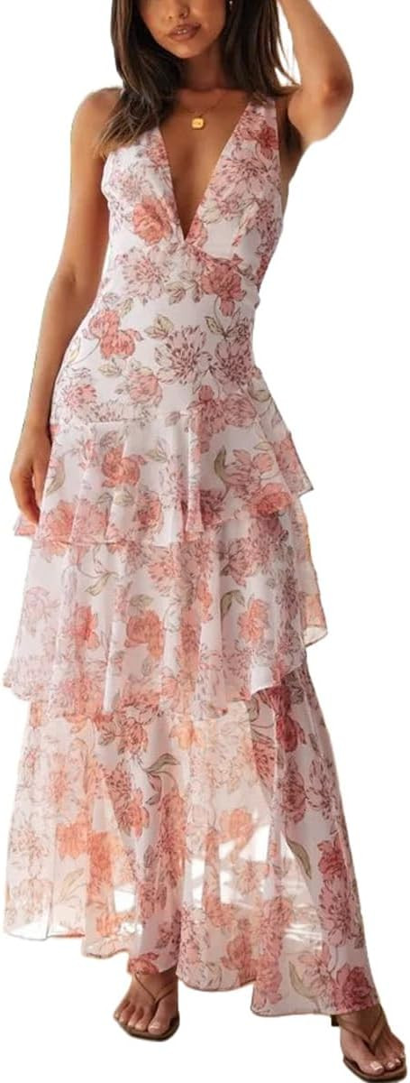 Women's Floral Maxi Dress Sexy Deep V Neck Backless Ruffles Dresses Beach Party Wedding Guest Dre... | Amazon (US)
