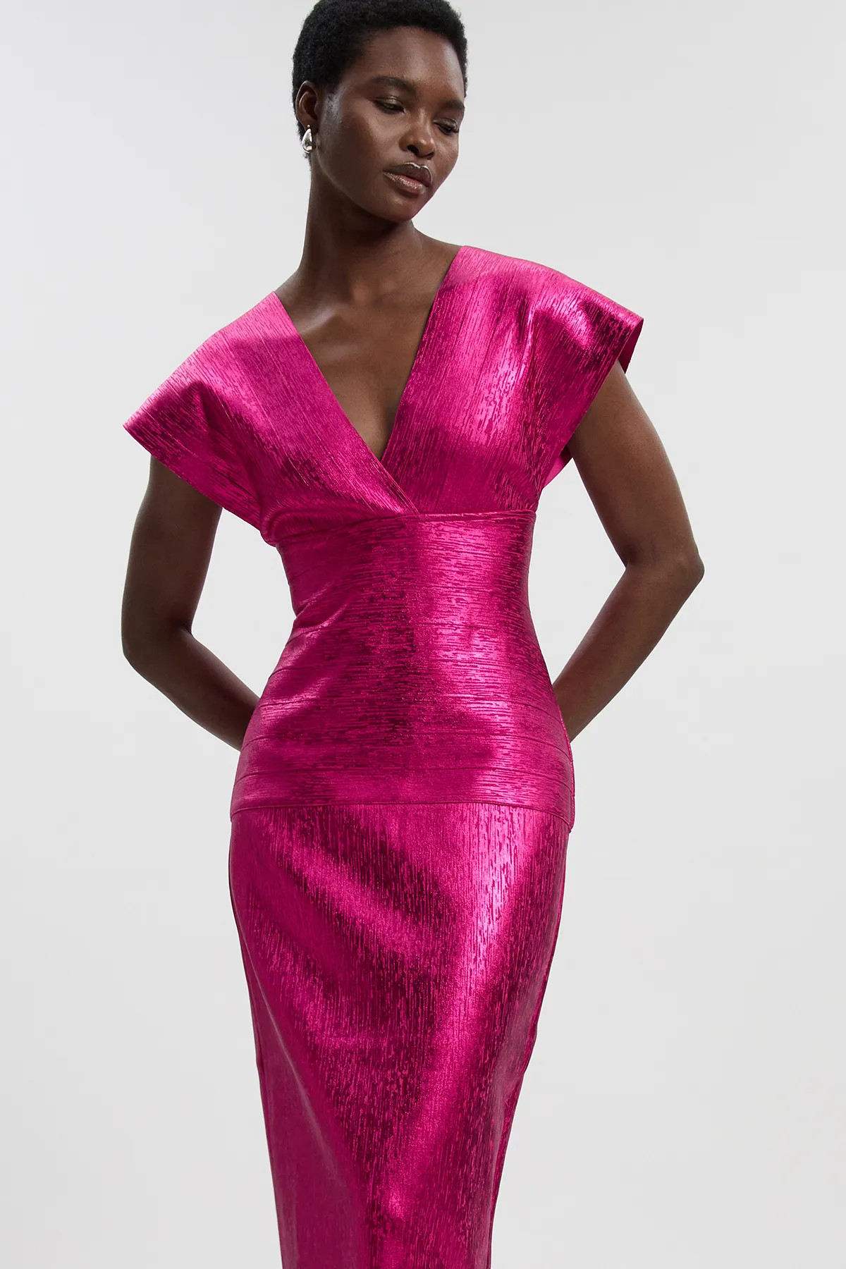 Dresses | Petite Foil Metallic Figure Form Angel Sleeve Knit Maxi Dress | KarenMillen | Karen Millen US