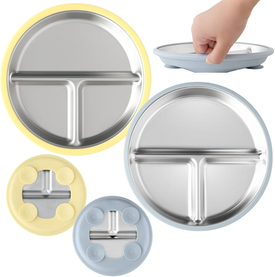 Stainless Steel Toddler Plate with Suction Set of 2, 8” Divided Plates with Removable Silicone ... | Amazon (US)