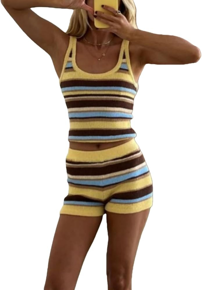 Women 2 Piece Stripe Outfits Sleeveless Crew Neck Tank Crop and Mini Shorts Set Y2K Summer Going ... | Amazon (US)