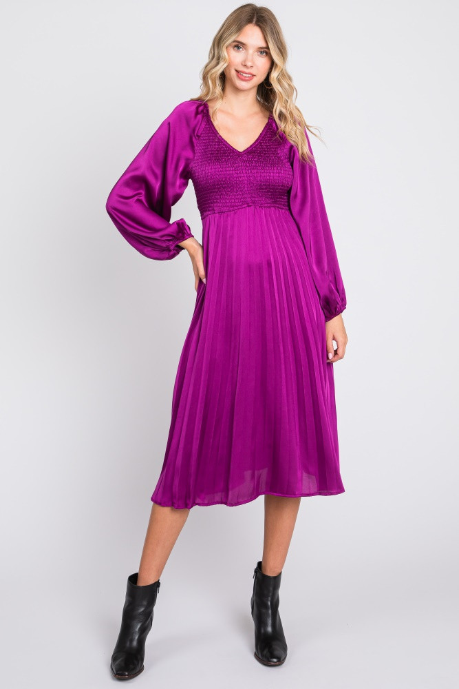 Purple Satin Smocked and Pleated Midi Dress | PinkBlush Maternity