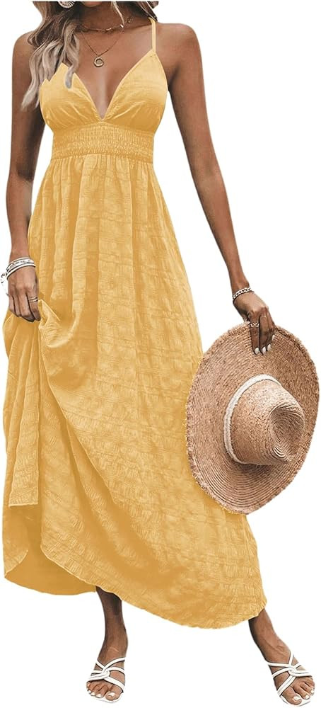 Milumia Women's Summer Smocked Cami Maxi Dress Boho V Neck Spaghetti Strap A Line Flowy Beach Lon... | Amazon (US)