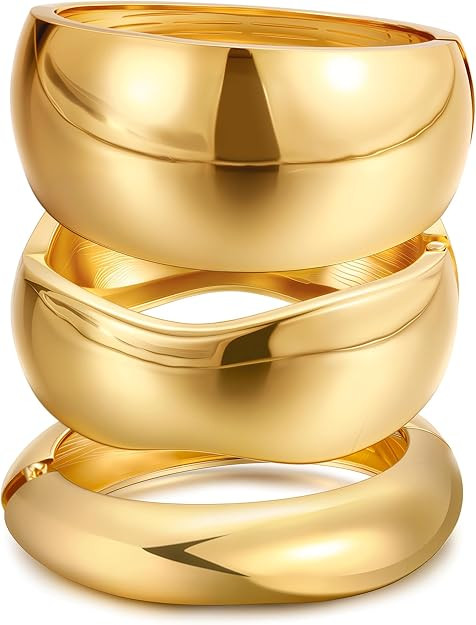Chunky Gold Bangle Bracelets for Women, Dainty 14k Gold Plated Big Stackable Bangles Set, Trendy ... | Amazon (US)