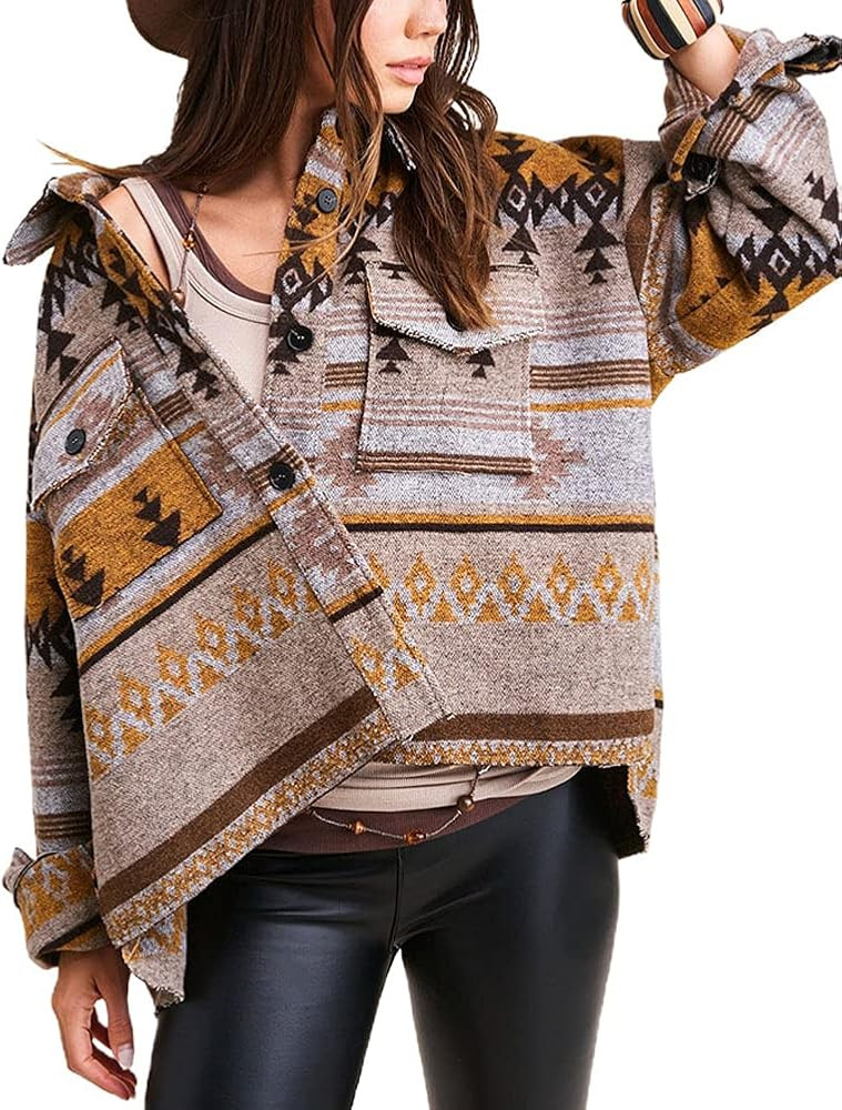 chouyatou Women's Tribal Aztec Pattern Button Down Trucker Shirt Jacket Shacket Coat | Amazon (US)
