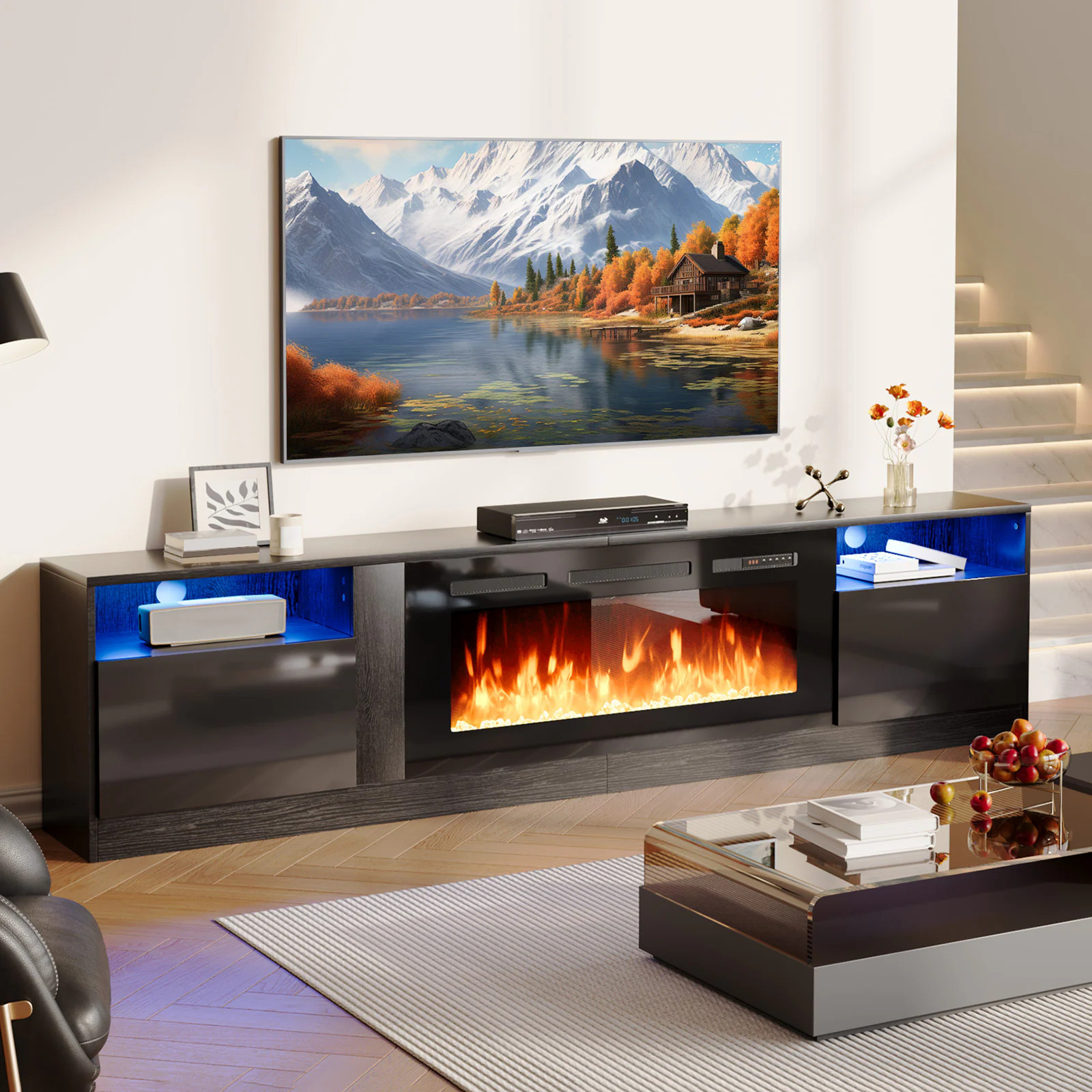 Bapipro 80-in W Black TV Stand with Infrared quartz Flat wall Electric Fireplace with Remote Control Included | TE21A28B | Lowe's