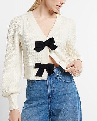 V-Neck Bow Button Front Cardigan | Express