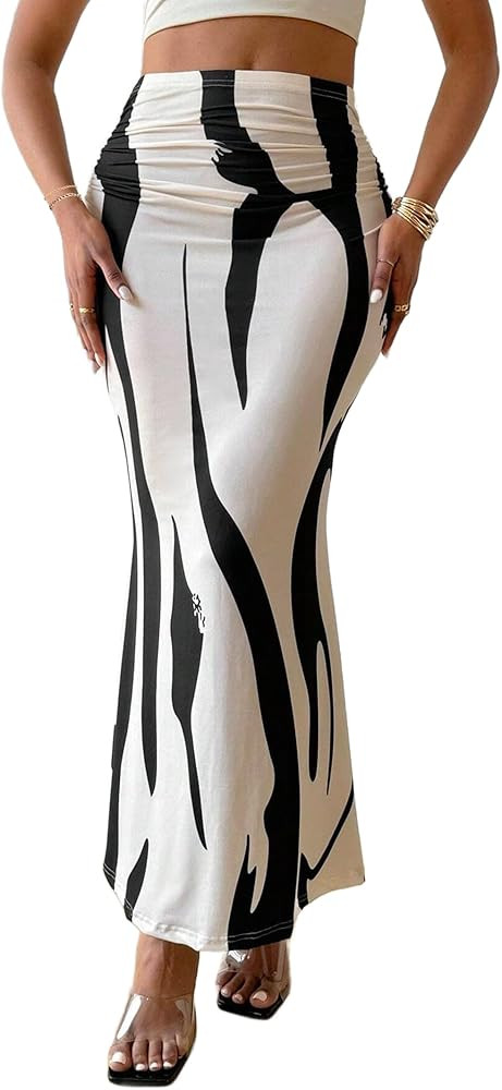 Avanova Women Zebra Graphic Ruched Maxi Skirt High Waisted Mermaid Long Skirt | Amazon (US)