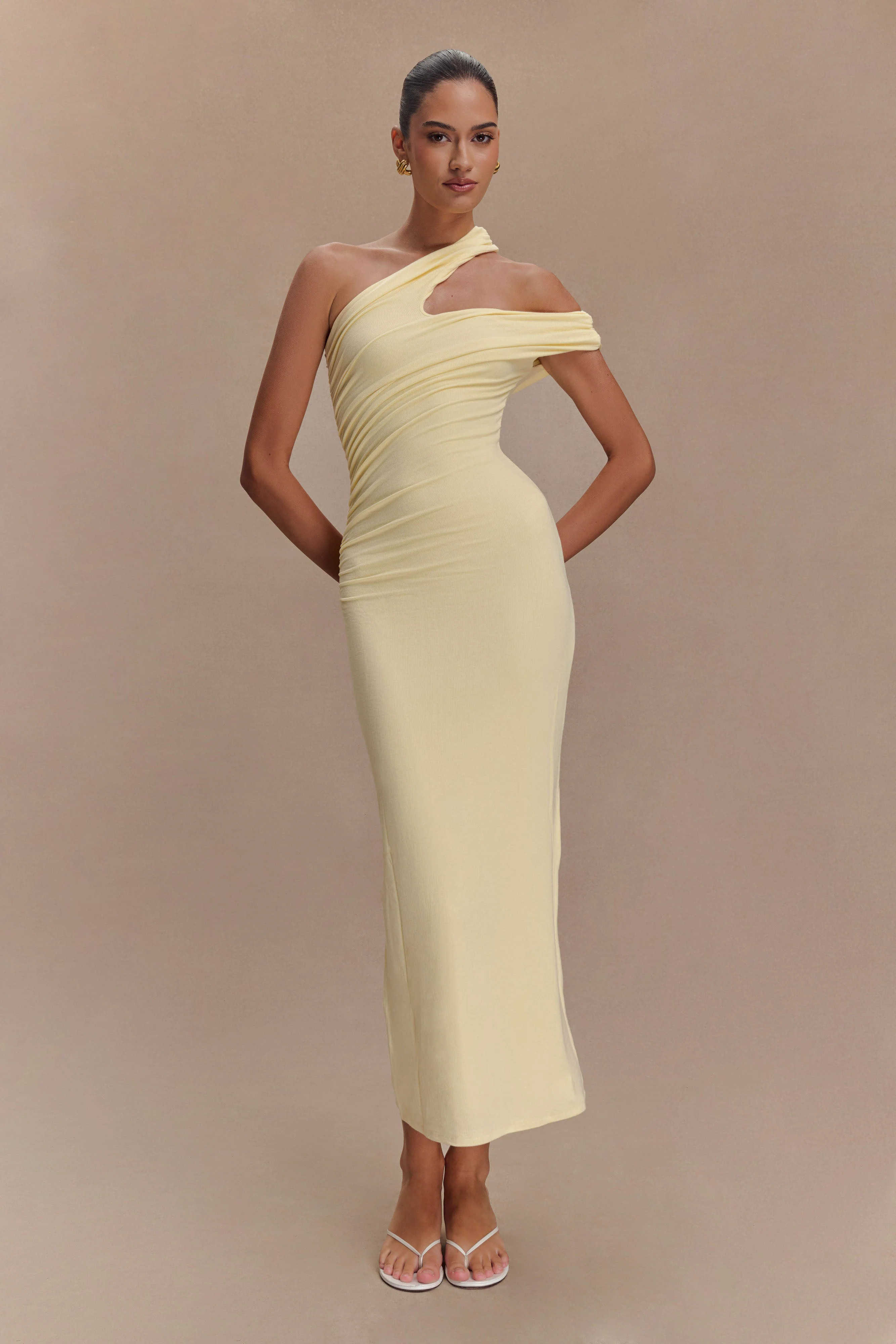 Anastasia One Shoulder Modal Midi Dress - Pale Lemon | MESHKI US