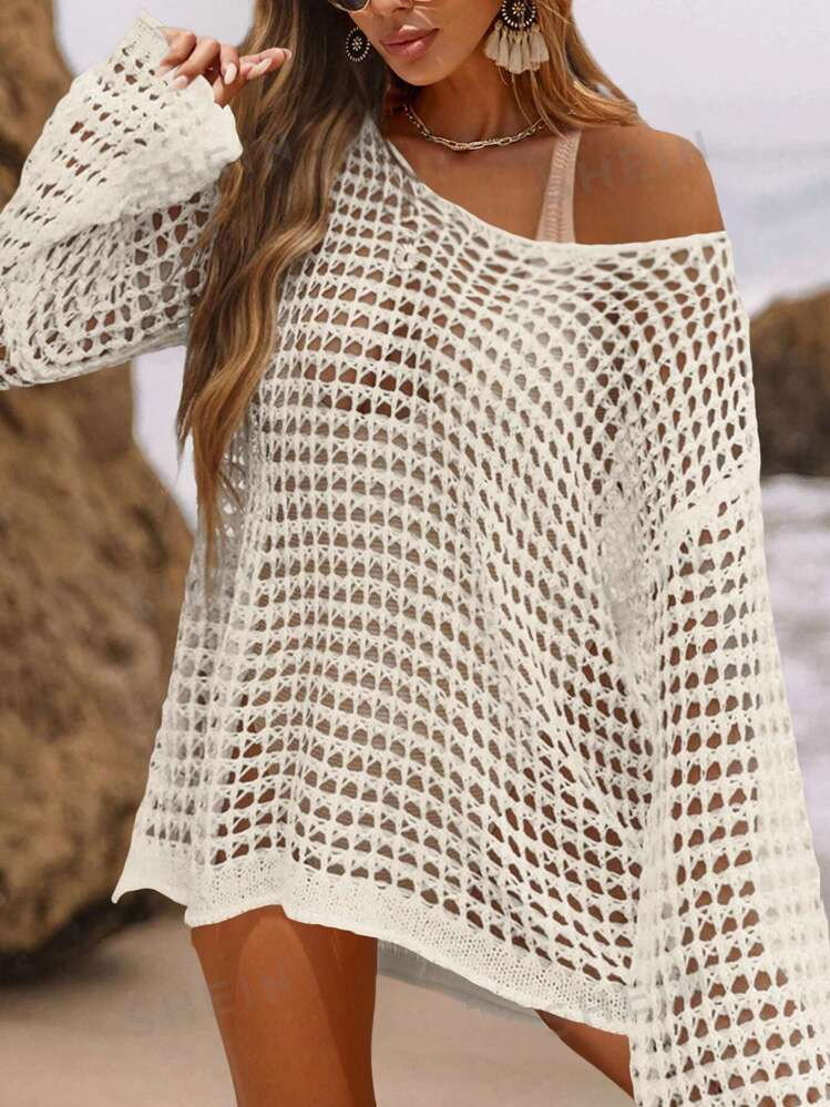 SHEIN VCAY Holiday Beach Leisure Loose Knitted Swimsuit Cover-Up With Hollow-Out Design | SHEIN