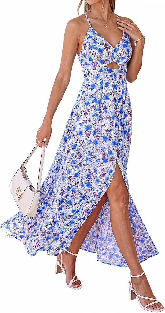 BTFBM Summer Dresses for Women 2026 Spring Floral Spaghetti Strap Smocked Cutout Maxi Dress Resor... | Amazon (US)