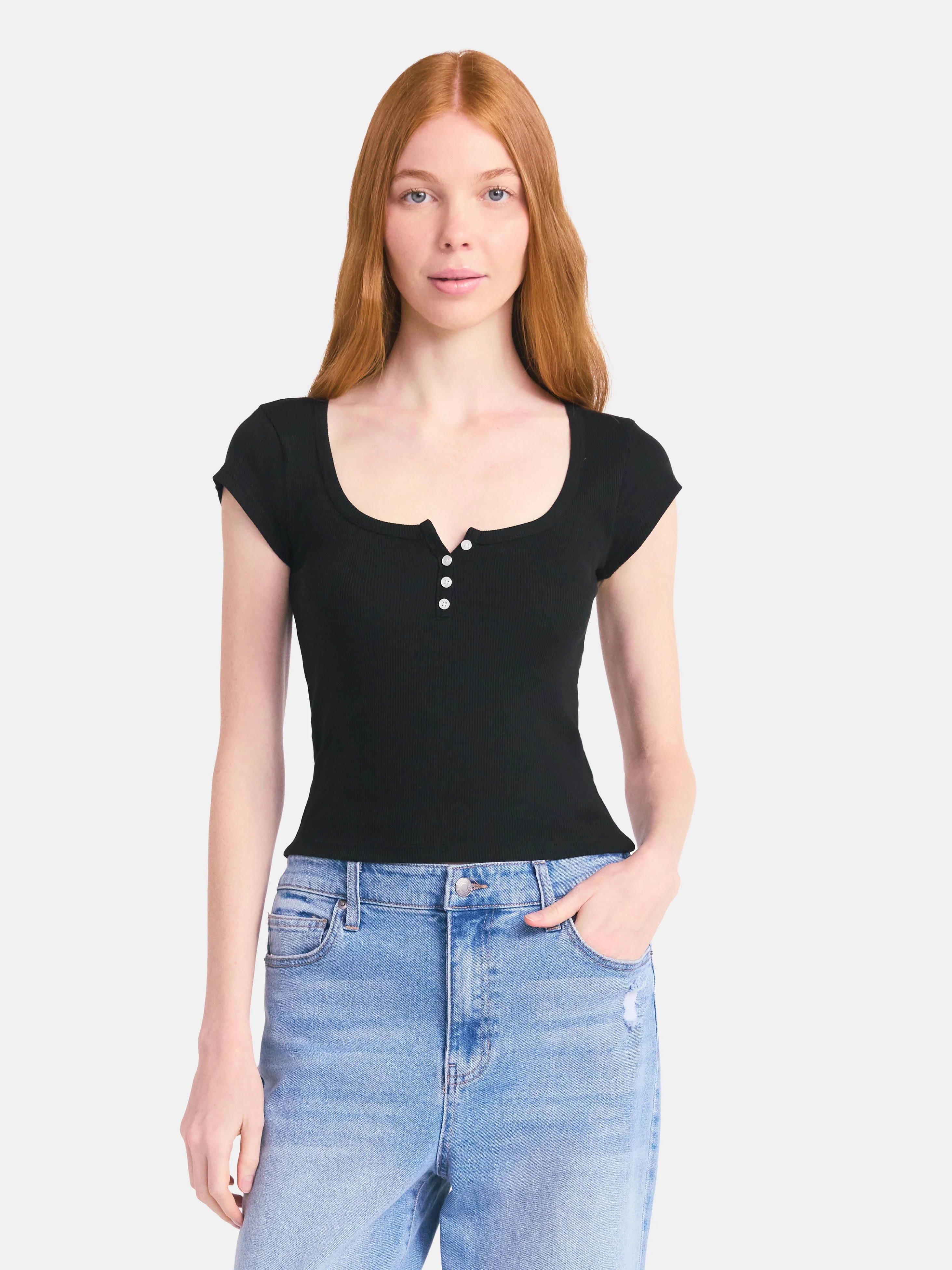 No Boundaries Cotton Henley Tee, Women's | Walmart (US)