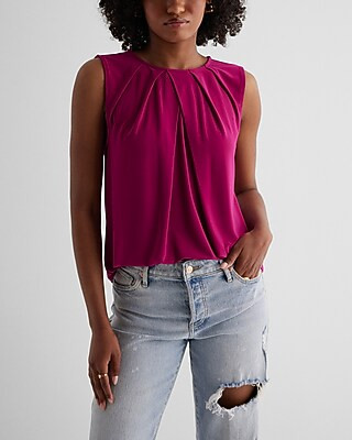 Relaxed Pleated Crew Neck Tank | Express