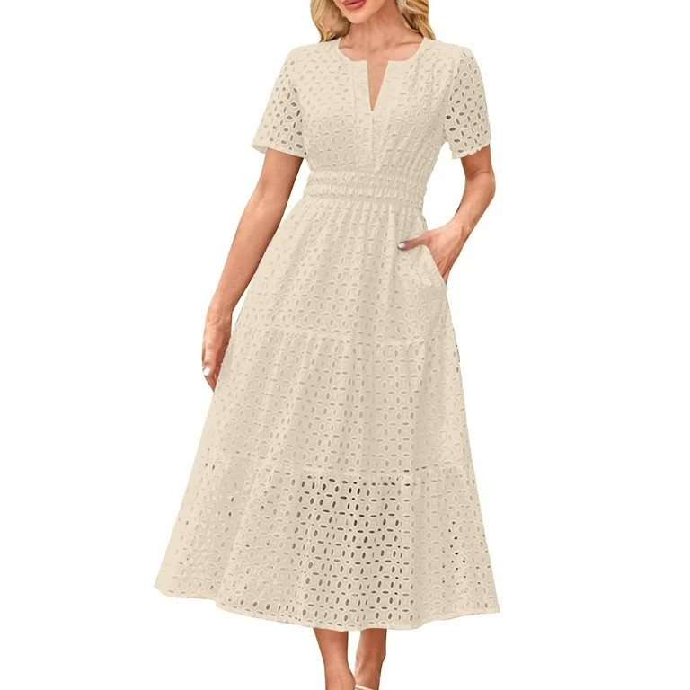 RYDCOT Womens Summer Maxi Dresses 2025 Elegant Short Sleeve V Neck Hollow Out Eyelet A Line Long ... | Walmart (US)