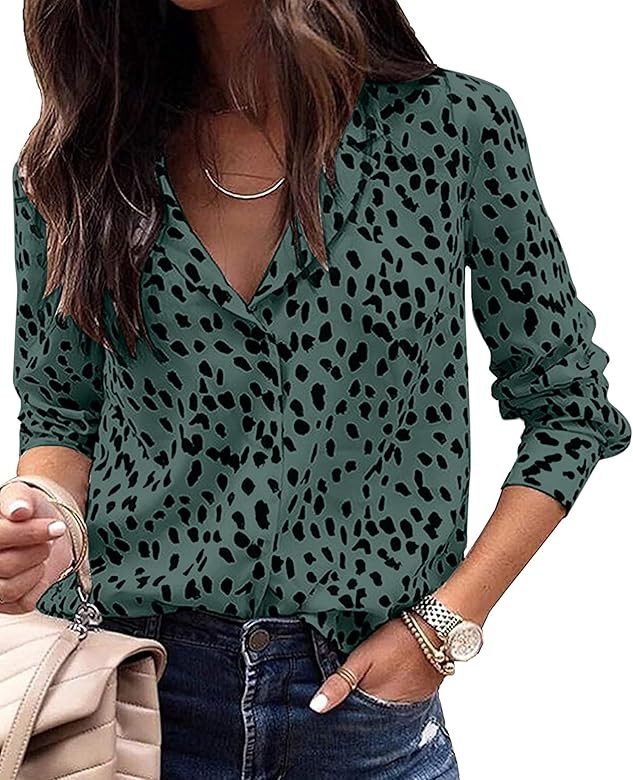 Avanova Women's Casual Leopard Print Tops Blouse V Neck Long Sleeve Button Down Shirt | Amazon (US)