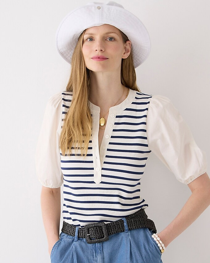 Vintage rib puff-sleeve henley top in stripe | J. Crew US