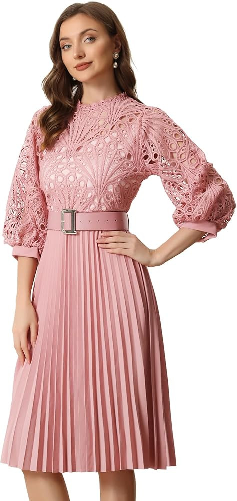 Allegra K Women's Crochet Floral Lace Dress 3/4 Sleeves Belted Elegant Pleated Dresses | Amazon (US)