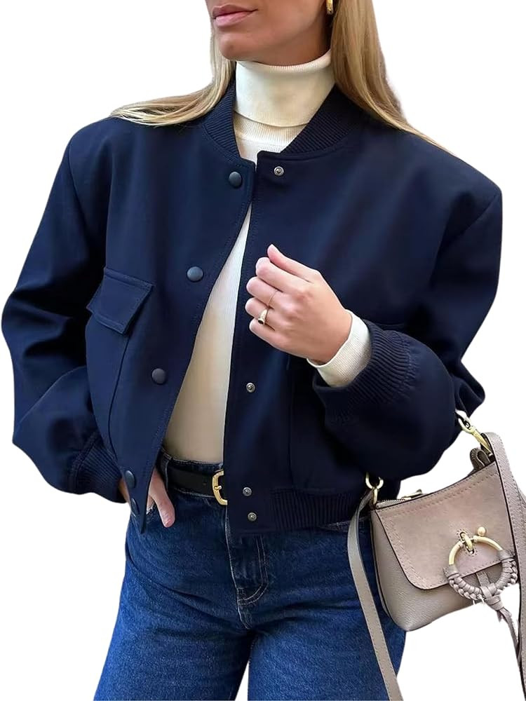 Aedceal Women's Cropped Bomber Jacket Button Down Stand Collar Varsity Coats Outerwears with Pock... | Amazon (US)