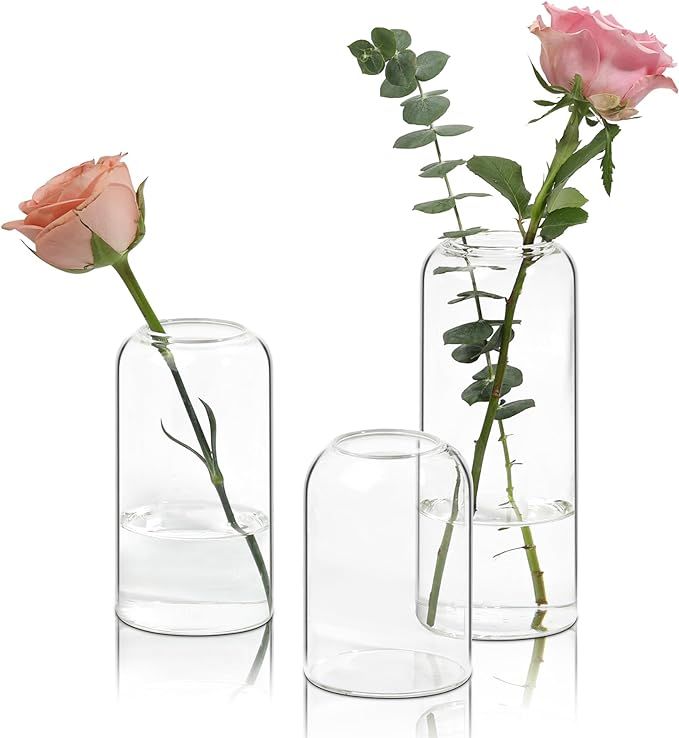 ComSaf Small Flower Vase Set of 3, Glass Bud Vases in Bulk, Clear Vases for Flower, Home Decor Ce... | Amazon (US)