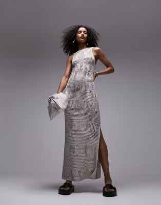 Topshop knitted square neck midi dress in silver | ASOS (Global)