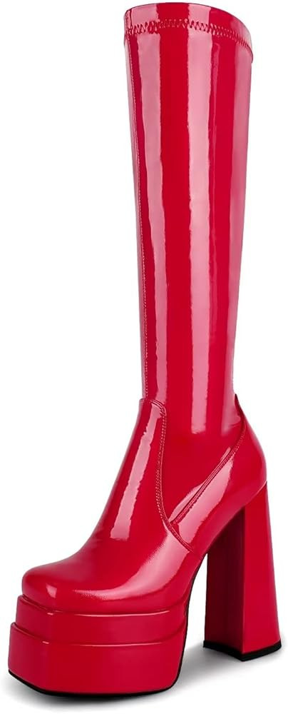 Stacked Platform Knee High Boots for Women With High Chunky Heel, Gogo Boots for Women with Squar... | Amazon (US)