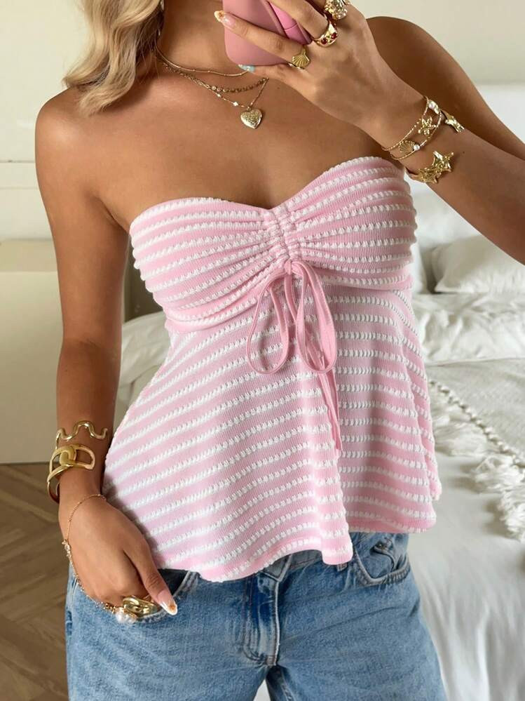 CovetEZ Summer Pink Striped Knitted Drawstring Tube Top | SHEIN
