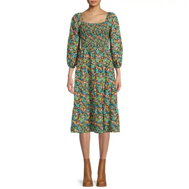 Time and Tru Women's Long Sleeve Smocked Midi Dress - Walmart.com | Walmart (US)