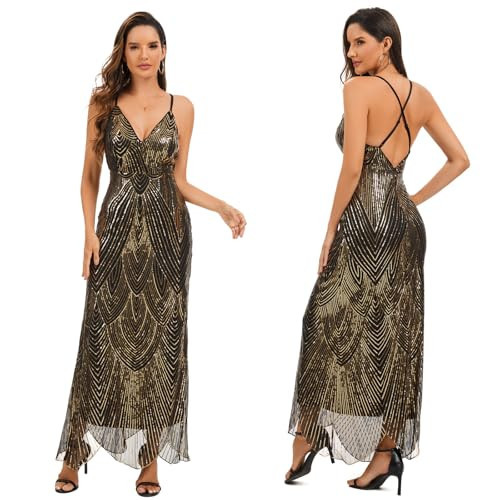 Women's V Neck Spaghetti Straps Sequin Sparkly Glitter Irregular Hem Prom Dress Bcakless Maxi Evening Gowns XL Black Gold | Amazon (US)