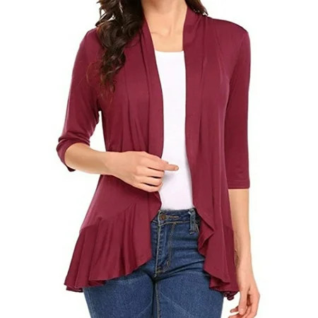 Inevnen Women’s Casual Coat Solid Color Three Quarter Sleeve Ruffles Hem Cardigan Coat for Ladies | Walmart (US)