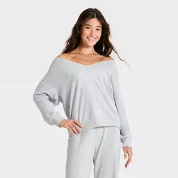 Women's Modal French Terry V-Neck Off the Shoulder Sweatshirt - All In Motion\u2122 Light Heather... | Target