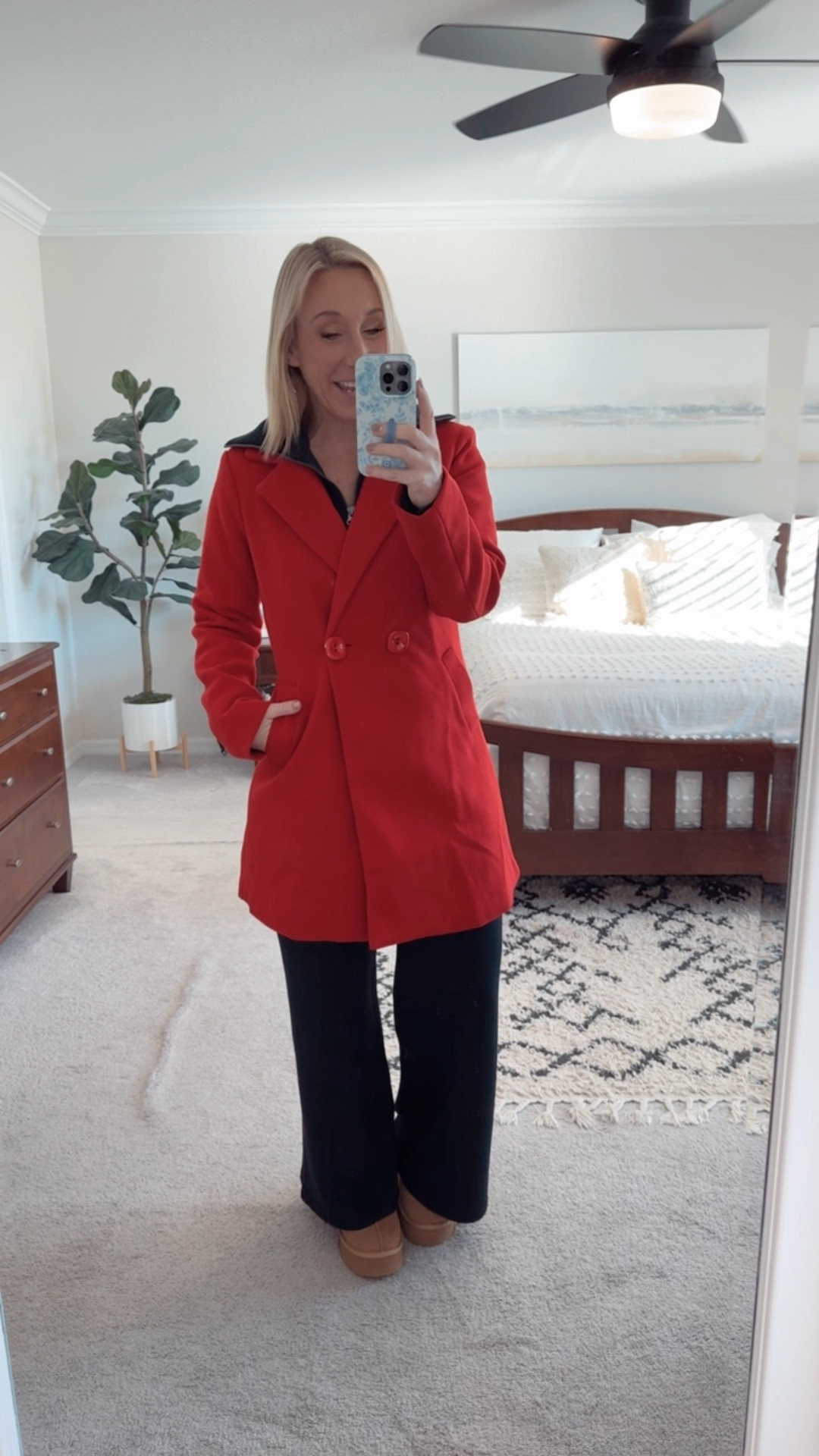 • red coat - size small.
• Spanx AirEssentials set - small in both (and petite in pants).
• platform slippers - size up if in between  

#LTKWatchNow #LTKCyberWeek #LTKSeasonal