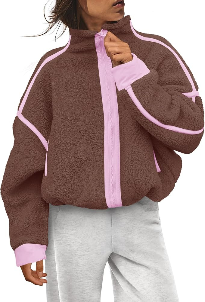LAMISSCHE Zip up Fleece Jacket Women Oversized Mock Neck Sherpa Sweatshirt Striped Long Sleeve Pu... | Amazon (US)
