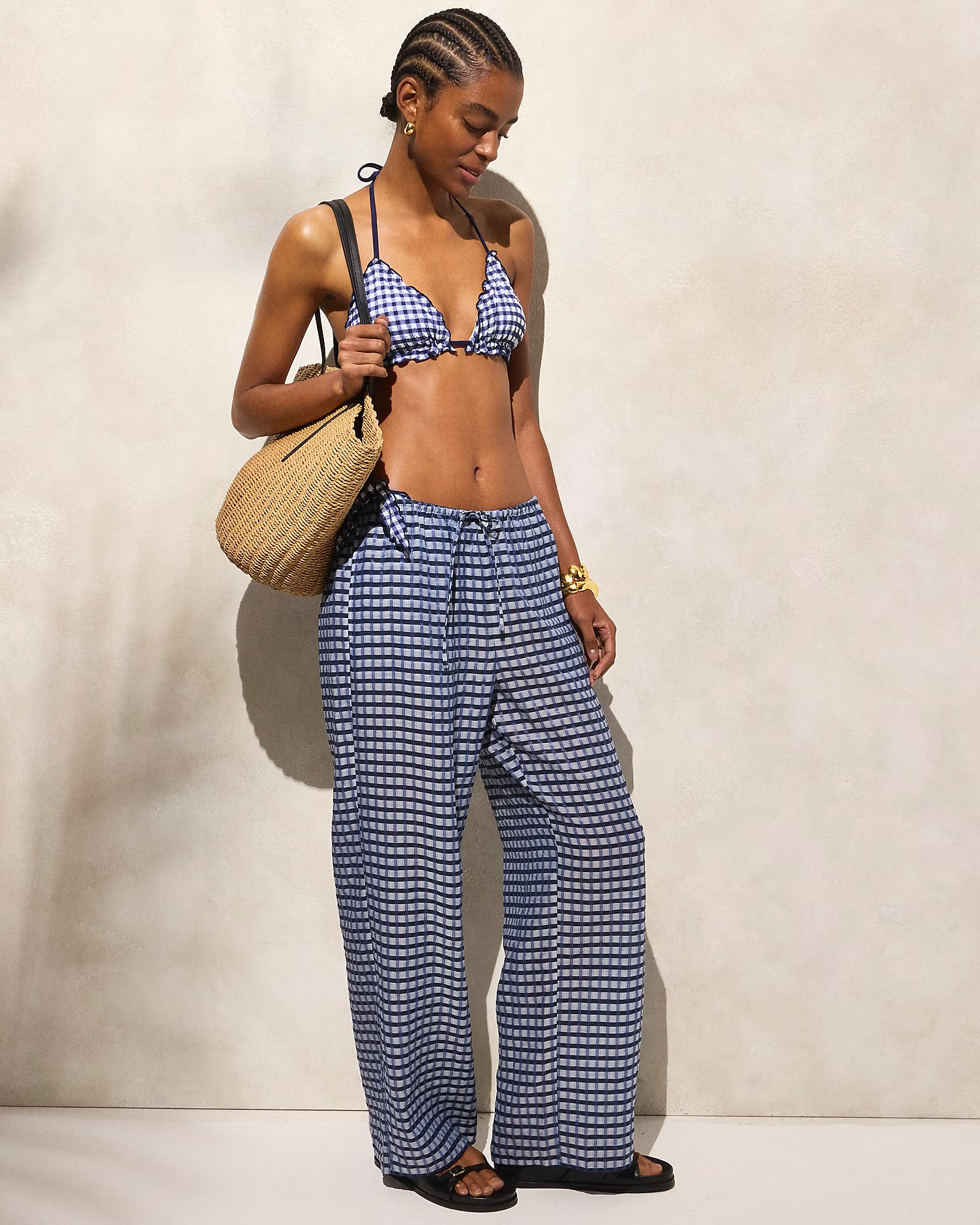 Crinkled beach pant in gingham print | J. Crew US