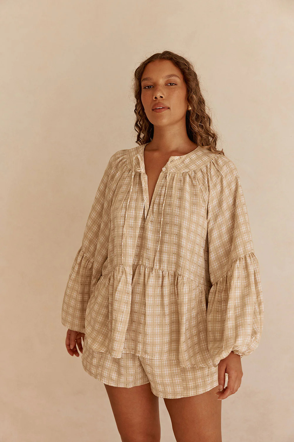 Khaki Gingham Flouncy Puff Sleeve Rylia Top | Sabo Skirt US