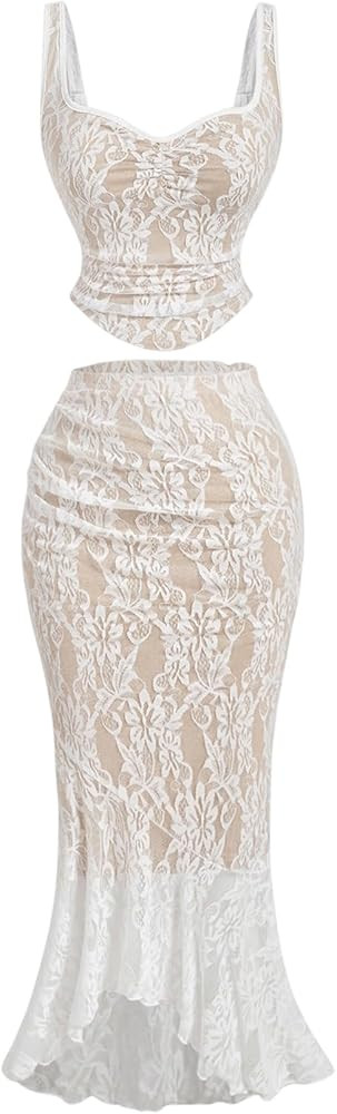 Milumia Women's 2 Piece Outfit Floral Lace Tank Top and Fishtail Bodycon Skirt Set | Amazon (US)