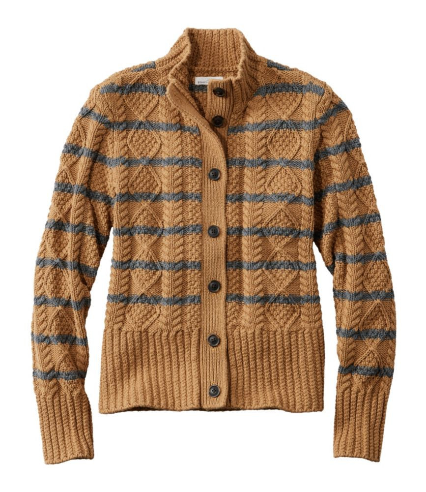 Women's Signature Cotton Fisherman Sweater, Short Cardigan Sweater Stripe Marsh Brown/Gray Heather Extra Small, Cotton/Wool/Cotton Yarns L.L.Bean | L.L. Bean