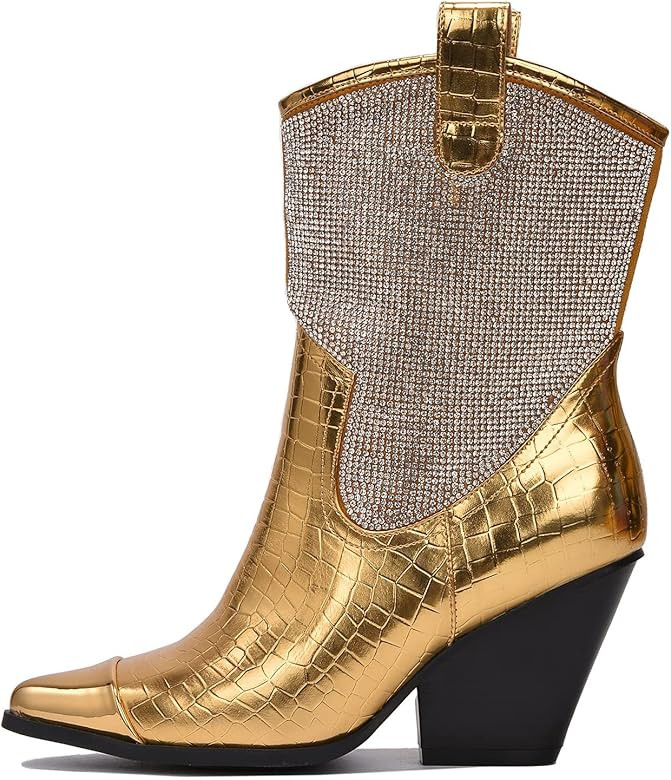 Cape Robbin Zephyr Women's Chunky Rhinestone Western Boots, Pointed Toe Pull-on Cowgirl Booties f... | Amazon (US)