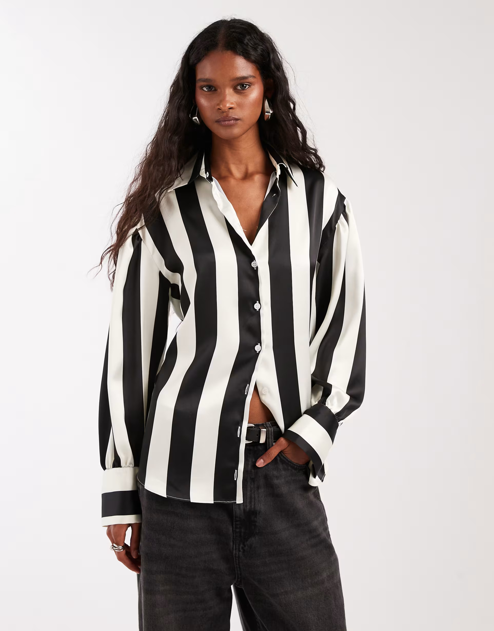 ASOS DESIGN satin oversized shirt in black stripe | ASOS (Global)