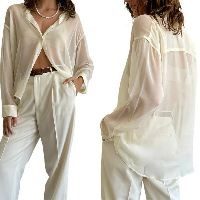 Womens Sheer Button Up Shirt Long Sleeve LapelNeck Mesh Top Vintage See Through Blouse Streetwear | Walmart (US)