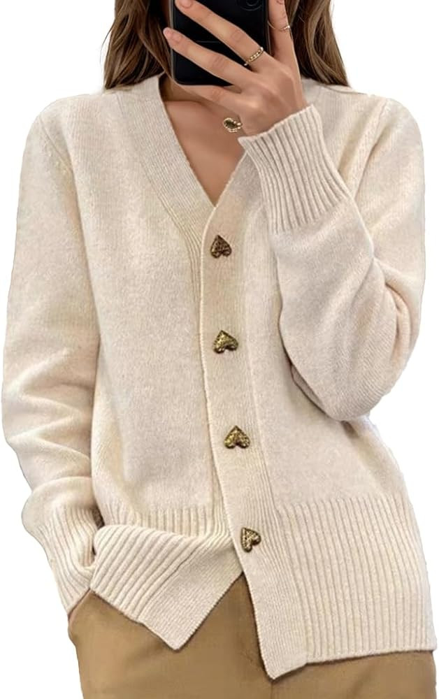 Womens Fall Winter Plain Cardigan Sweaters Casual Loose V Neck Love Button Down Trendy Knit Sweater Outerwear | Amazon (US)